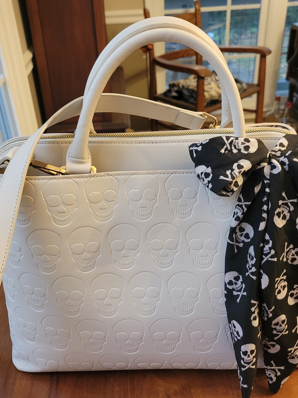 Betsey Johnson White Embossed Skull Satchel with Black Skull Scarf